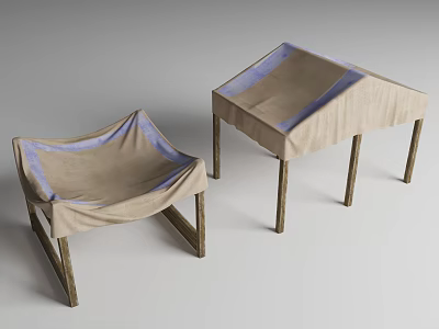 Home Furniture Tables With Wooden Legs Beige Fabric Surface And Blue Edges 3d model