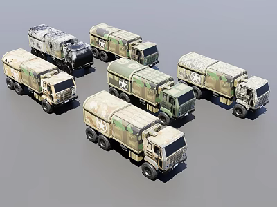 Multiple Military Transport Trucks With Camouflage Paint And Various Designs 3d model