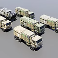 Multiple Military Transport Trucks With Camouflage Paint And Various Designs