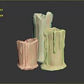 Three Unique Shaped Beige Candles With Melted Drip Texture On Black Smooth Surface Grey Background