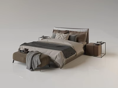 Modern Double Bed with Neutral Bed Linens Pillows Bedside Tables and Bench in Minimalist Bedroom 3d model