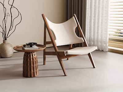 Modern Wooden Frame Leisure Chair with White Cushion Side Table and Vase Twigs 3d model