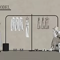 Minimalist Clothing Display Setting With Hanging Clothes Dresses Mannequin Shoes And Hat