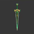 Ornate Fantasy Style Sword With Green Blade And Golden Gemstone Decorations