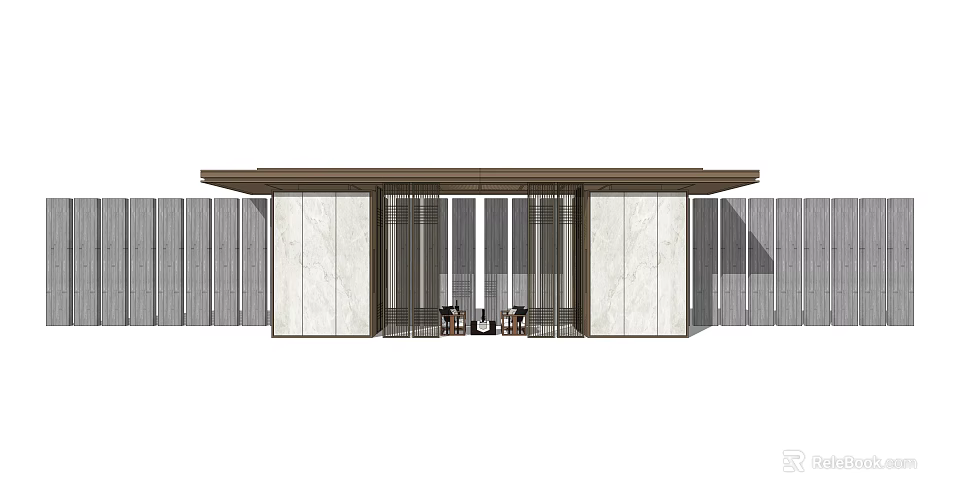 Modern Building Entrance Design With Marble Walls Wooden Roof And Seats 3d model 