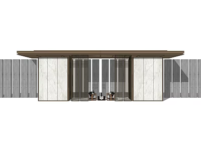 Modern Building Entrance Design With Marble Walls Wooden Roof And Seats 3d model