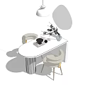 White Modern Dining Table Set With Upholstered Chairs Pendant Light And Branches Vase