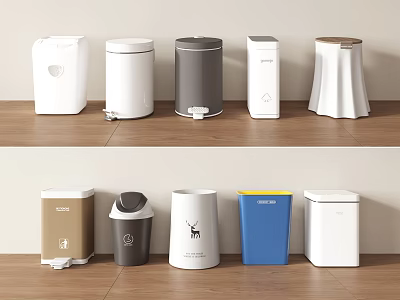 Various Trash Bins With Different Designs Colors And Materials On Shelves 3d model