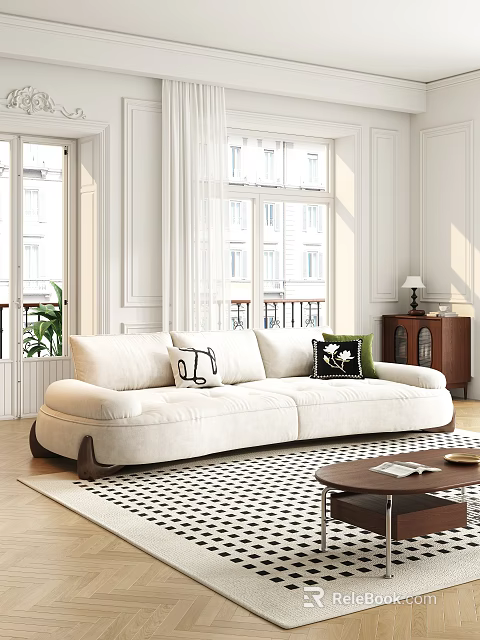 Modern Beige Double Sofa With Decorative Pillows In Bright Room Large Windows Wooden Side Cabinet 3d model 