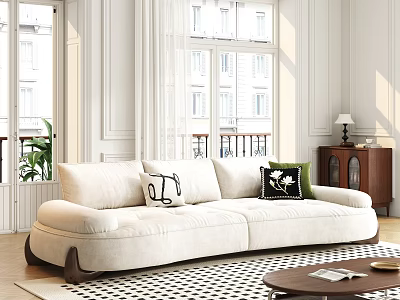 Modern Beige Double Sofa With Decorative Pillows In Bright Room Large Windows Wooden Side Cabinet 3d model