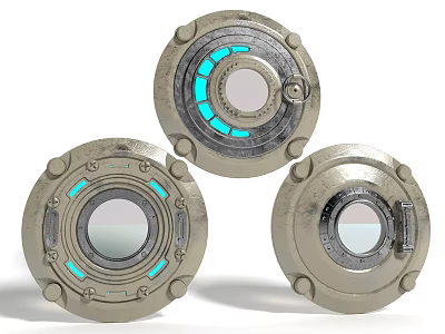Metallic Circular Mechanical Parts With Blue Glowing Elements And Central Lenses 3d model