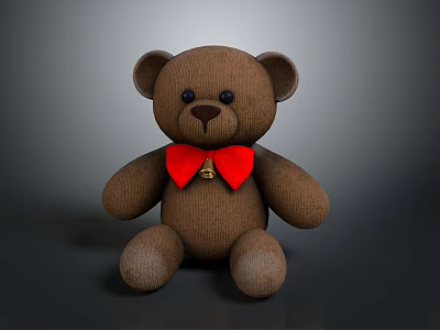 Brown Plush Teddy Bear With Red Bow Tie And Bell Decoration 3d model