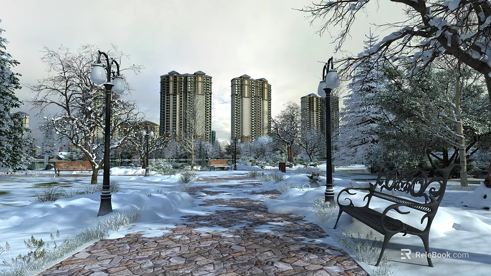 Winter Snow Covered Park Path With Bench Street Lamps Trees And Skyscrapers 3d model 