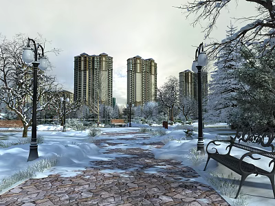 Winter Snow Covered Park Path With Bench Street Lamps Trees And Skyscrapers 3d model
