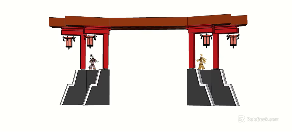Red Entrance Gate with Wooden Beam Red Pillars Hanging Lanterns Black Steps and Figures Standing 3d model 