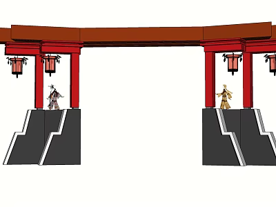 Red Entrance Gate with Wooden Beam Red Pillars Hanging Lanterns Black Steps and Figures Standing 3d model