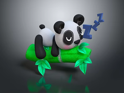 Panda Doll Sleeping Lying On Green Bamboo Leaves With Blue Zzz Symbols 3d model