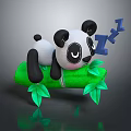 Panda Doll Sleeping Lying On Green Bamboo Leaves With Blue Zzz Symbols