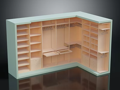 Light Colored Corner Wardrobe With Multiple Shelves Hanging Rods And Drawers 3d model