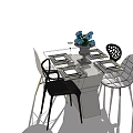 Modern Dining Table Set with Metal Leg Chairs Tableware and Blue Flower Vase