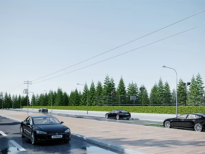 Road Infrastructure With Street Lights Trees And Cars On Paved Road 3d model