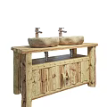 Rustic Log Style Wooden Bathroom Vanity With Two Stone Washbasins And Faucets