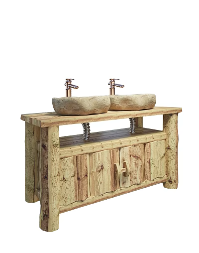 Rustic Log Style Wooden Bathroom Vanity With Two Stone Washbasins And Faucets 3d model