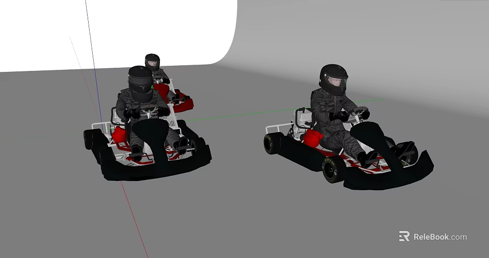 Two Racers Driving Go Karts With Helmets On Racing Track Surface 3d model 