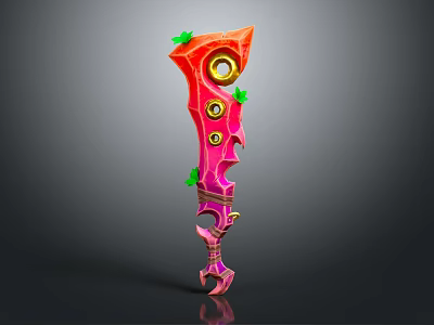 Vibrant Pink And Red Fantasy Weapon With Green Decorative Accents And Curved Structure 3d model