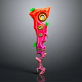 Vibrant Pink And Red Fantasy Weapon With Green Decorative Accents And Curved Structure
