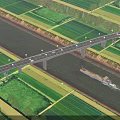 Scenic Bridge Over River With Cargo Ship Green Farmland And Trees