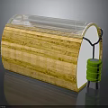 Indoor Scene With Wooden Curved Structure And Transparent Top Cover Plus Green Cylindrical Device