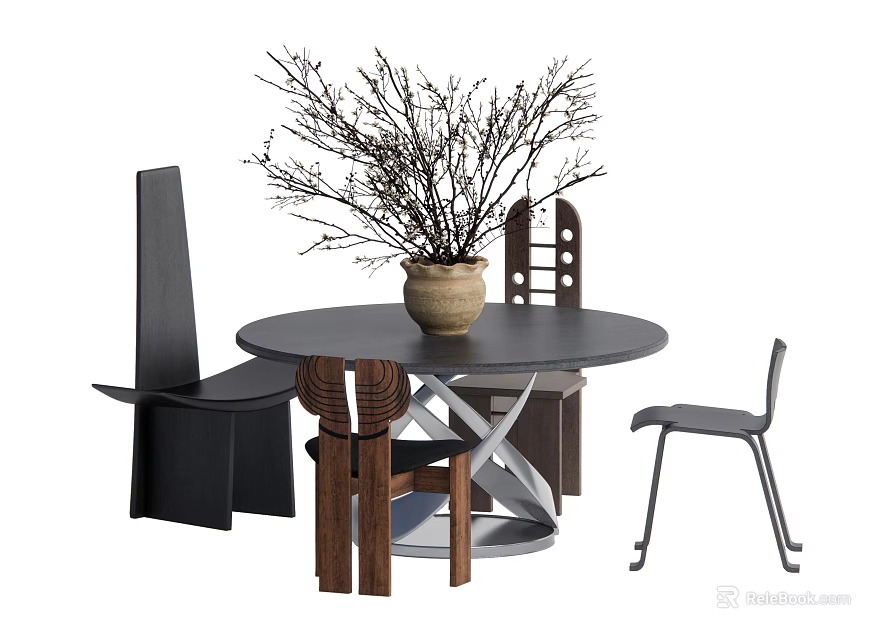 Round Dining Table Set With Modern Chairs Ceramic Vase And Dried Branches 3d model 