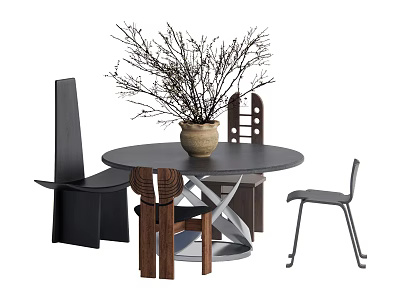 Round Dining Table Set With Modern Chairs Ceramic Vase And Dried Branches 3d model