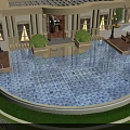 Stunning Scenery With Round Swimming Pool Luxurious Building Columns Lighting Green Plants And Umbrellas