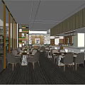 Modern Restaurant Interior With Wooden Walls Dining Tables Chairs Bar Counter And Large Windows