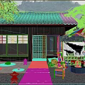 Rural Landscape Featuring Japanese-style Cottage Black Tiled Roof Open Courtyard Wooden Furniture And Bonfire Pit