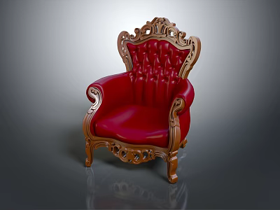 Luxurious Classic Chair With Red Leather Upholstery And Ornate Wooden Carvings 3d model