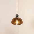 Wooden Pendant Light For Interior With Circular Striped Shade And Black Spherical Top Illuminated