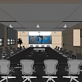 Modern Conference Room Interior With Long Table Chairs Projection Screen Windows And Wooden Cabinets