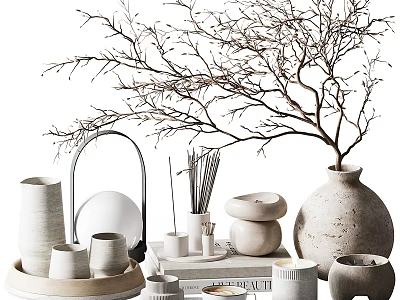Minimalist Natural Decorative Ornament Set With Ceramic Vases Stacked Bowls Twigs And Aromatic Sticks 3d model