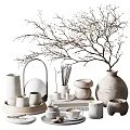 Minimalist Natural Decorative Ornament Set With Ceramic Vases Stacked Bowls Twigs And Aromatic Sticks