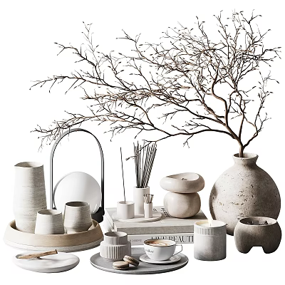 Minimalist Natural Decorative Ornament Set With Ceramic Vases Stacked Bowls Twigs And Aromatic Sticks 3d model