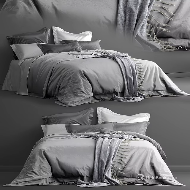 Modern Double Bed With Grey Bedding Soft Pillows And Cozy Blanket 3d model 