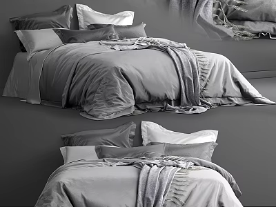Modern Double Bed With Grey Bedding Soft Pillows And Cozy Blanket 3d model