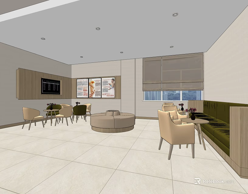 Hotel Public Lounge Area With Comfortable Seating Round Coffee Tables Wall Art And Large Windows 3d model 