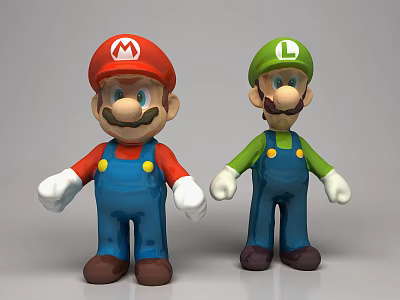 Mario And Luigi Red Green Action Figures With Blue Overalls And Hats 3d model