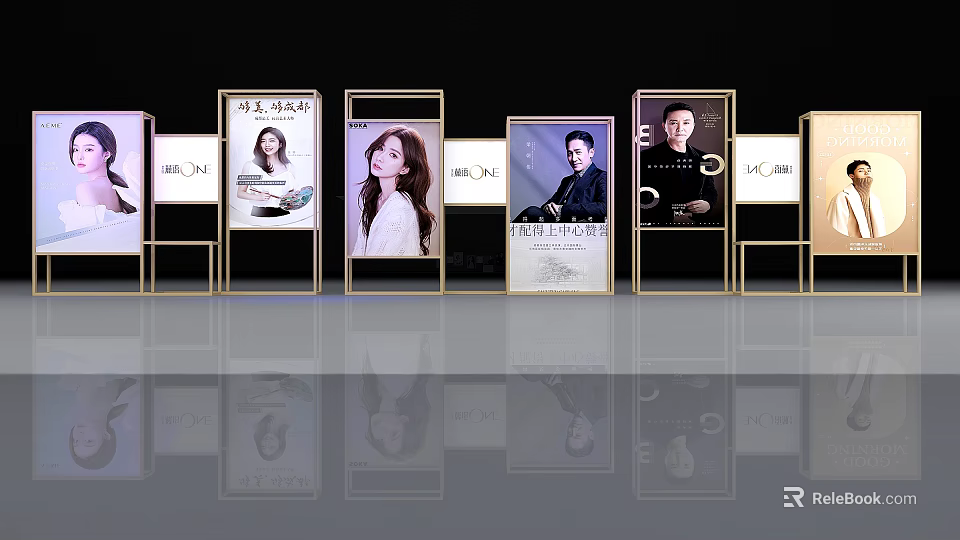 Stylish Photo Check in Spot With Vertical Billboards Portrait Photos And Reflective Floor 3d model 