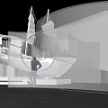 Large White Ship Displayed in Modern Architectural Space With People Around 3d model