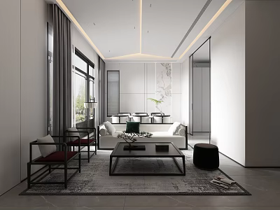 Modern Minimalist Living and Dining Room Interior With Sofa Coffee Table and Dining Chairs 3d model
